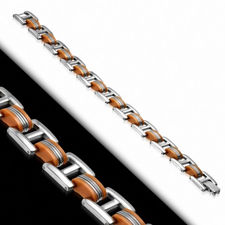 Bracelet homme acier et caoutchouc orange liens en forme de H