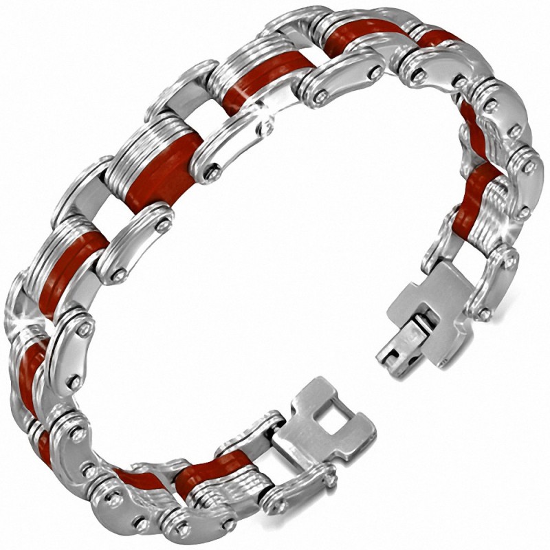 Bracelet homme acier argenté et caoutchouc rouge