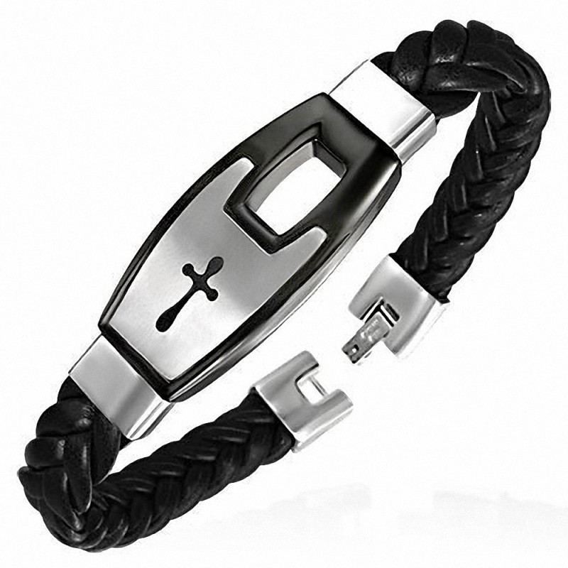 Bracelet homme cuir PVC tressé plaque croix