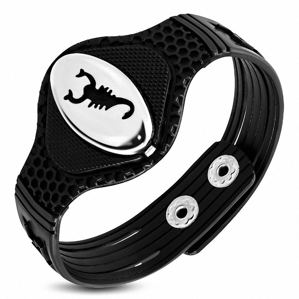 Bracelet homme caoutchouc noir plaque ovale scorpion