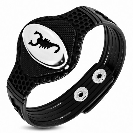 Bracelet homme caoutchouc noir plaque ovale scorpion