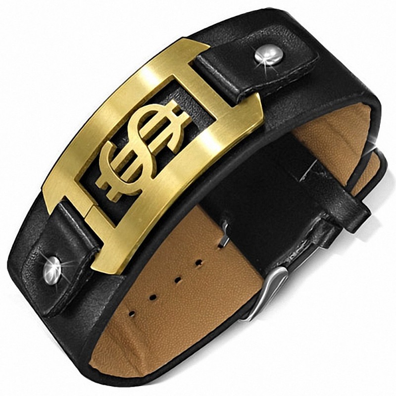 Bracelet homme ceinture similicuir noir symbole dollar doré