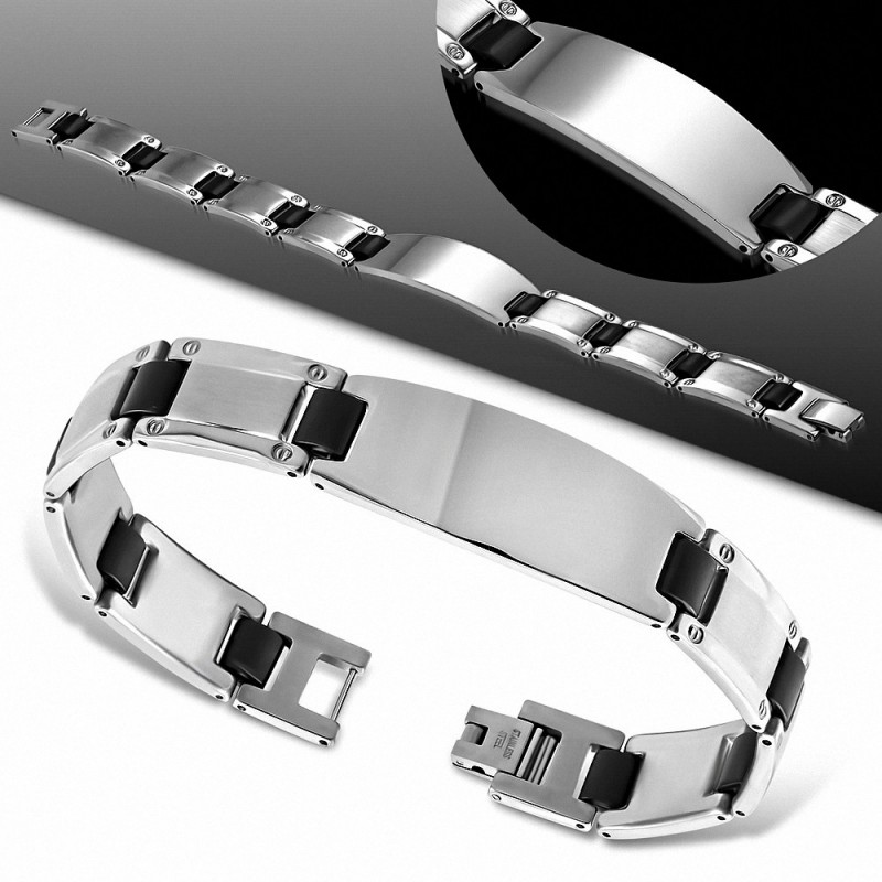 Bracelet homme acier avec plaque identité et maillons caoutchouc