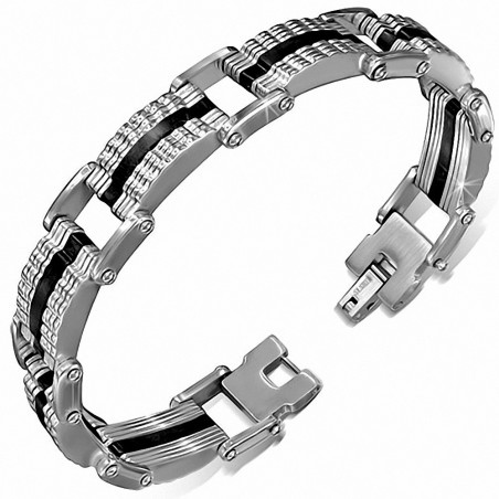 Bracelet homme acier et caoutchouc noir formes géométriques