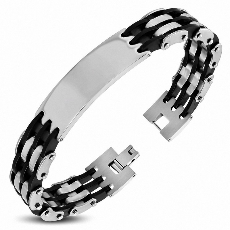 Bracelet homme acier triple argenté et caoutchouc plaque identité