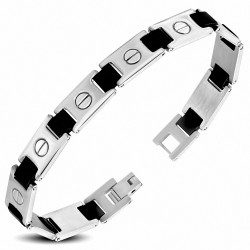 Bracelet homme acier maillon caoutchouc noir tête de vis