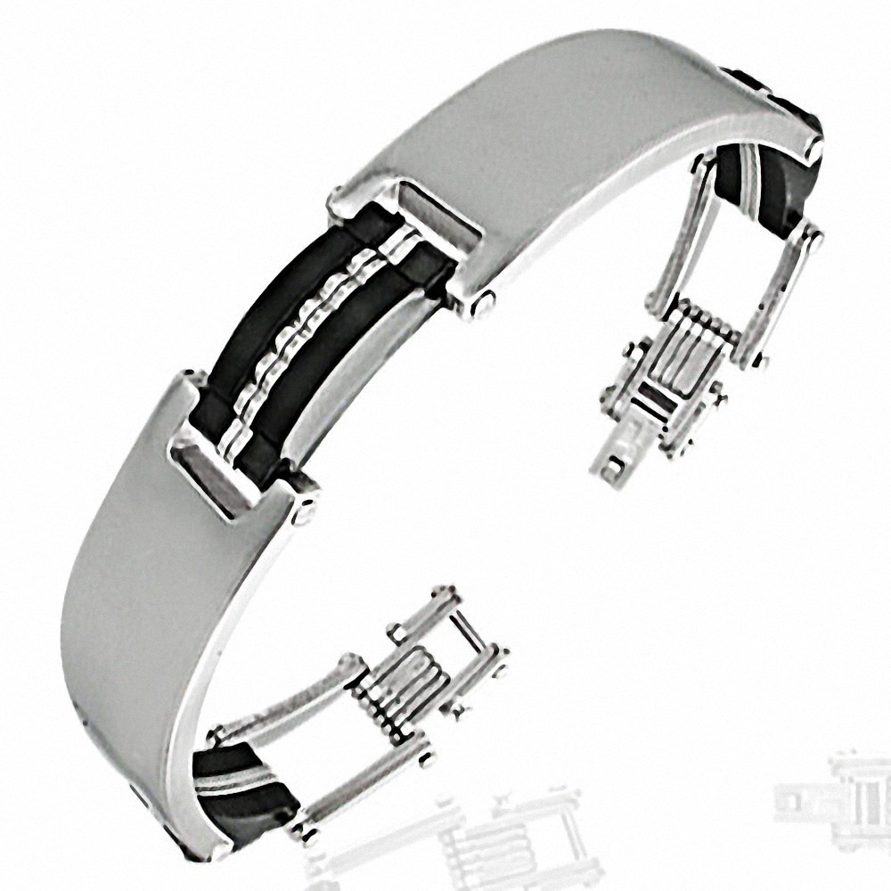 Bracelet homme plaques acier et liens en caoutchouc