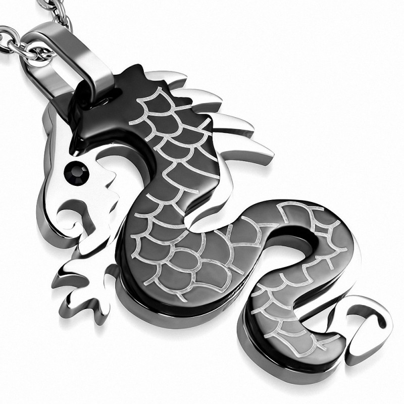 Pendentif homme noir dragon chinois strass noir