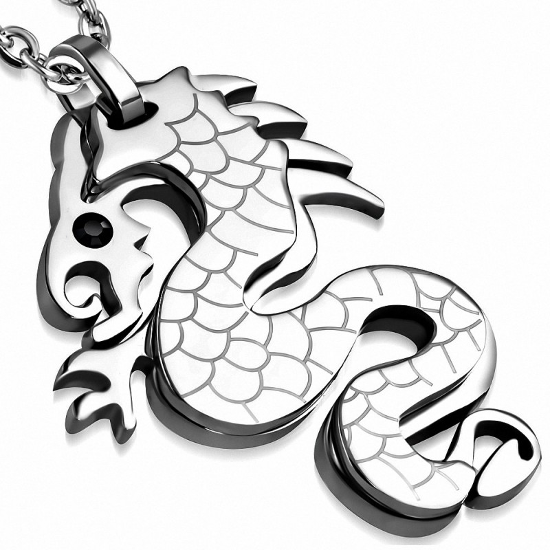 Pendentif homme argenté dragon chinois strass noir