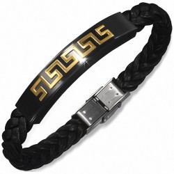 Bracelet homme cuir PVC tressé clef grecque dorée