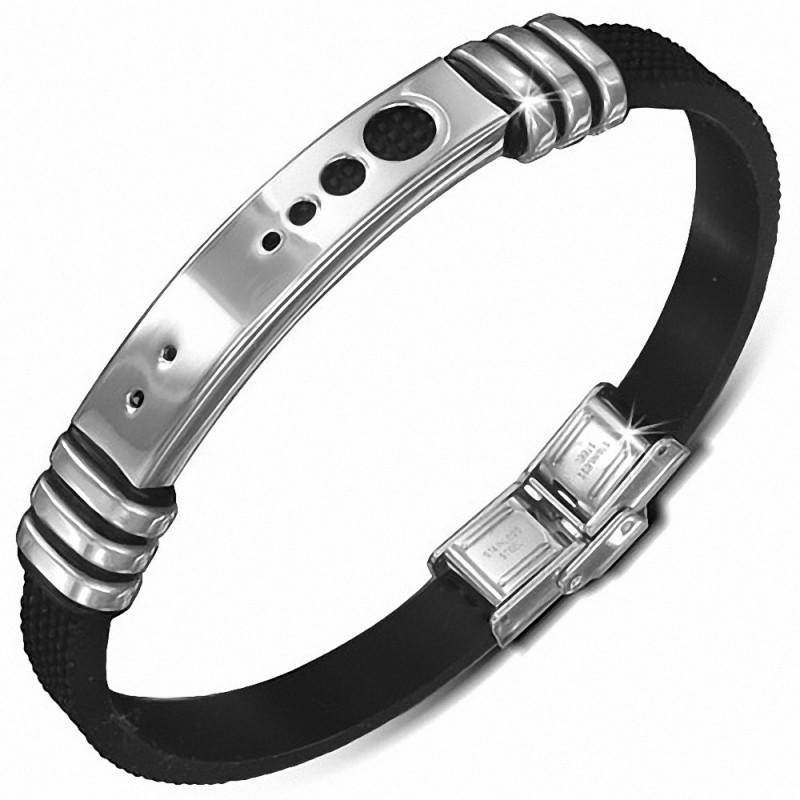 Bracelet homme caoutchouc noir avec plaque acier cercles