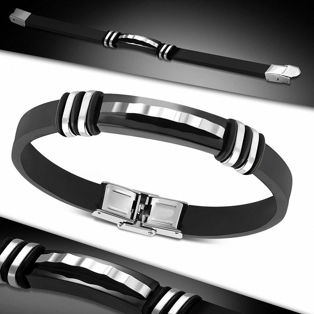 Bracelet homme caoutchouc noir avec plaque acier géométrique