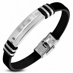 Bracelet homme caoutchouc noir plaque acier motif géométrique