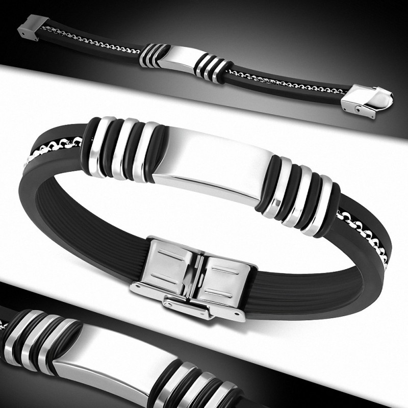 Bracelet homme caoutchouc noir plaque acier gravable