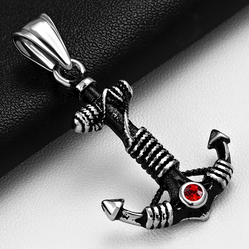 Pendentif homme ancre marine gemme rouge