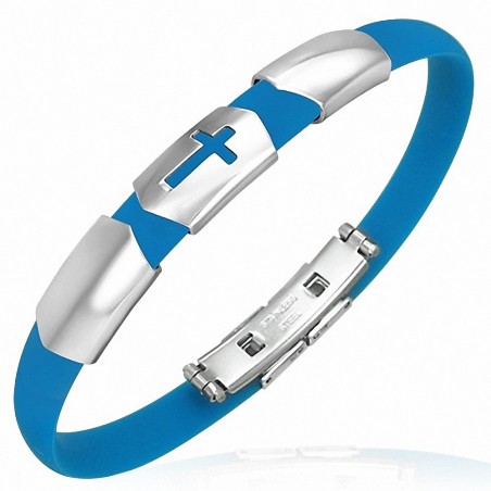 Bracelet homme caoutchouc bleu croix latine