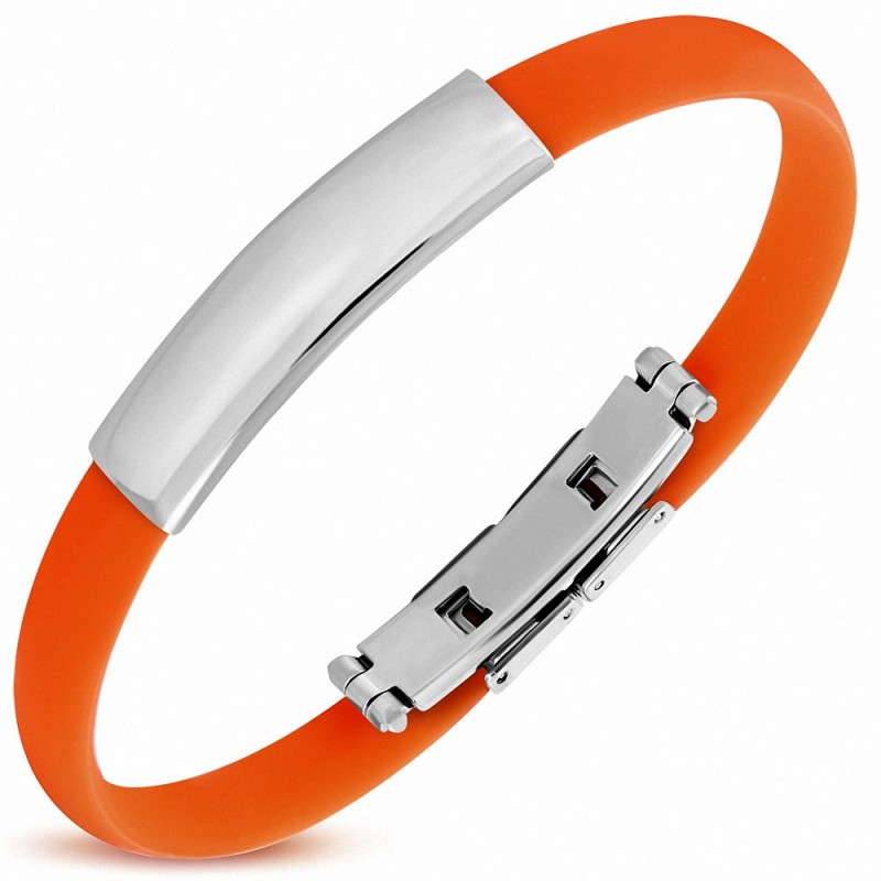 Bracelet homme caoutchouc orange plaque identité