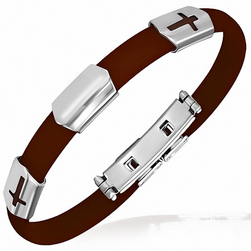 Bracelet homme caoutchouc marron plaque croix latine