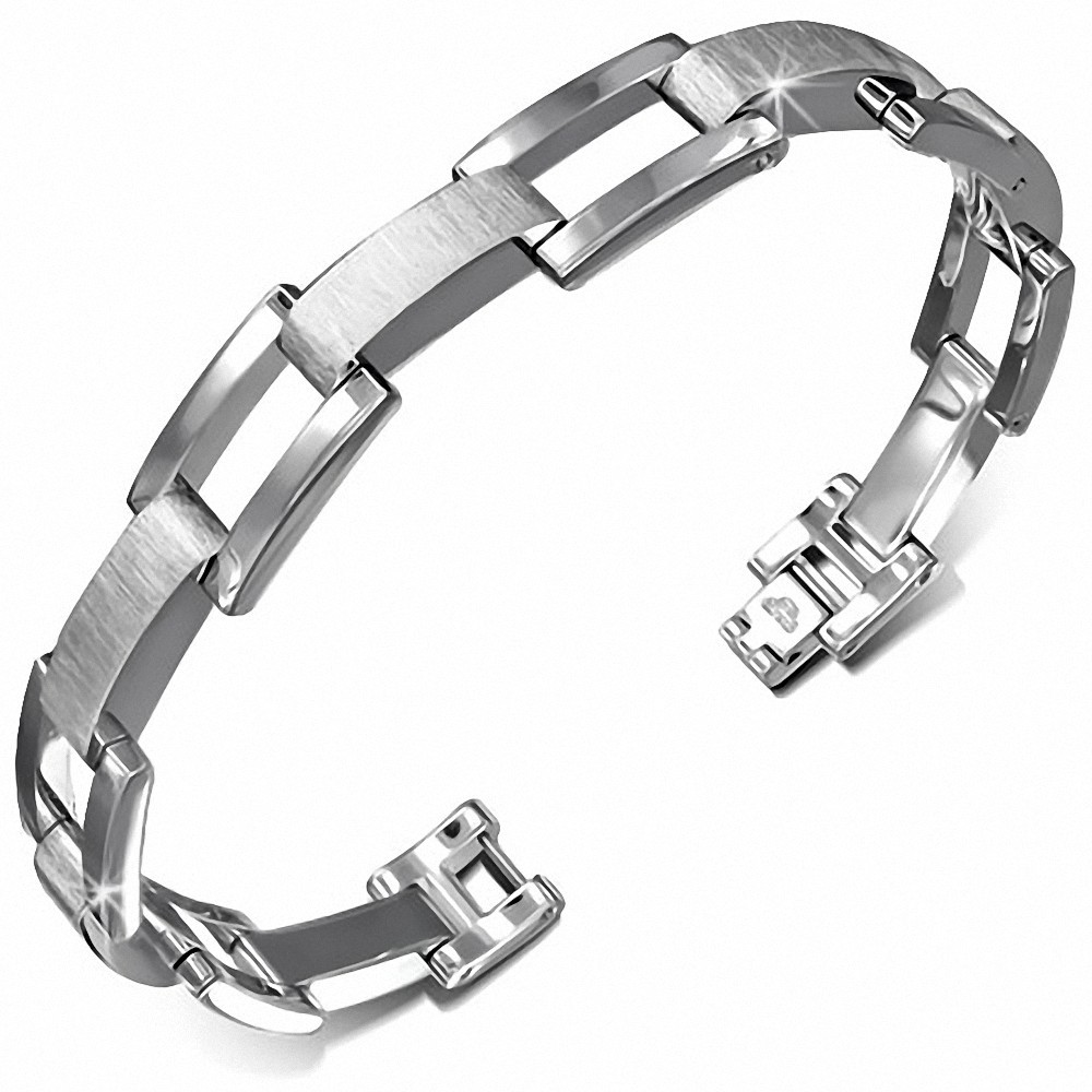 Bracelet homme maillons rectangulaire creusés et plein finition mat