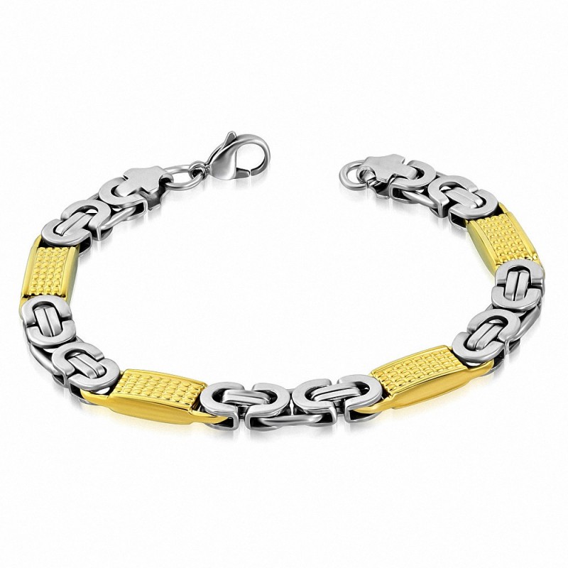 Bracelet homme en acier argenté et doré maille byzantine largeur 8 mm