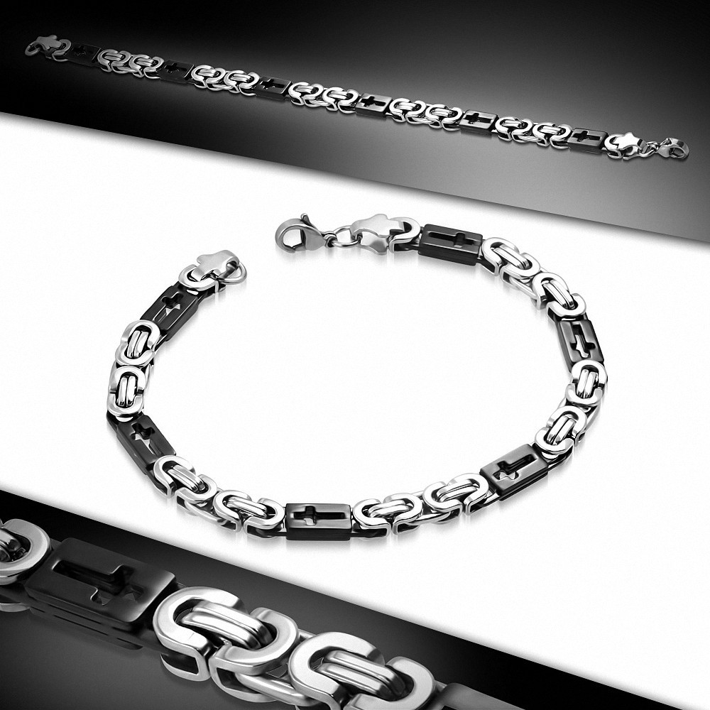 Bracelet homme argenté et noir croix maille byzantine largeur 6 mm