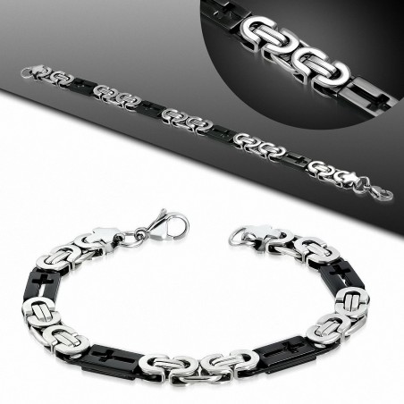 Bracelet homme argenté et noir croix maille byzantine largeur 8 mm