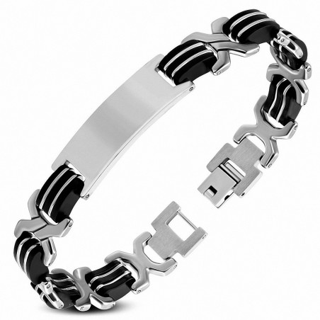 Bracelet pour hommes en acier et caoutchouc noir maillons en X