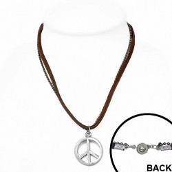 Chaine homme militaire en cuir marron avec pendentif peace