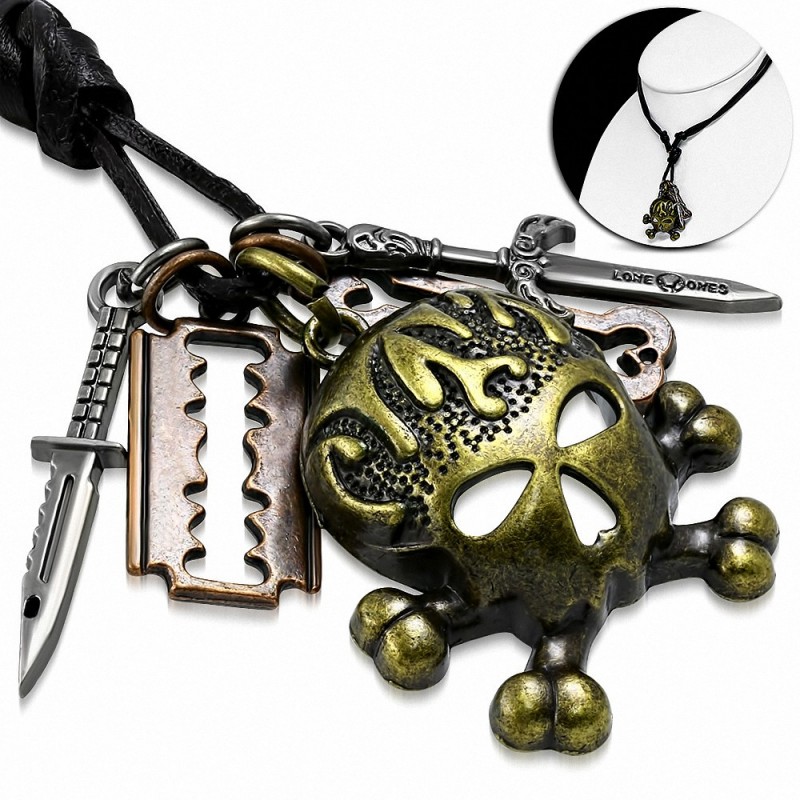 Collier homme cuir noir avec charms crâne de pirate couteau lame