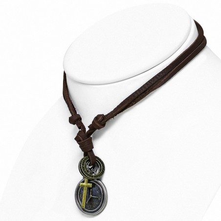 Collier homme en cuir marron avec pendentif croix et horloge