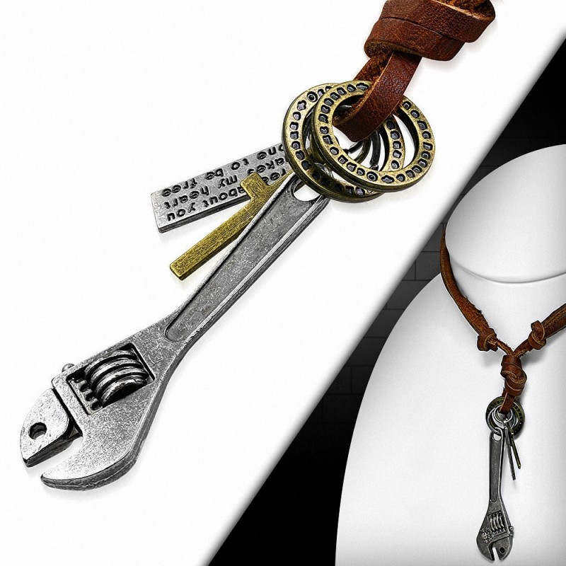 Collier homme en cuir marron avec pendentif croix et clef à molette