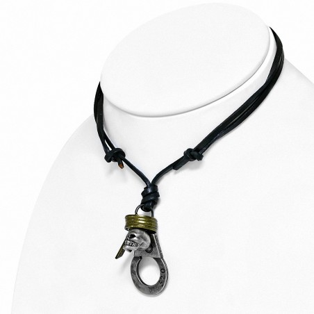 Collier homme cuir pendentif menotte et crane