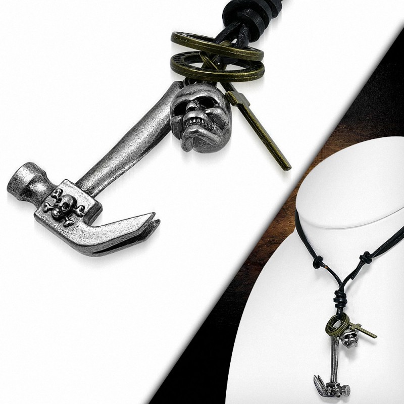 Collier homme cuir pendentif marteau et crane