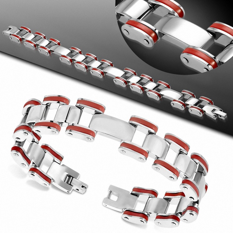 Bracelet homme acier bordure caoutchouc rouge Bracelet homme acier bordure caoutchouc rouge
