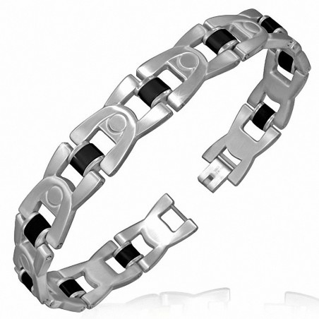 Bracelet homme maille H arrondie caoutchouc noir