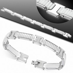 Bracelet homme acier et caoutchouc blanc rainuré