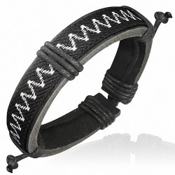 Bracelet homme cuir noir corde tissée zig-zag blanc