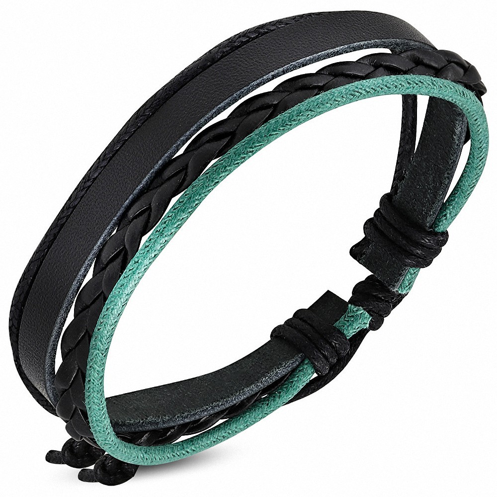 Bracelet homme cuir noir tressé corde verte noire