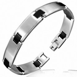 Bracelet homme acier argenté liens caoutchouc noir