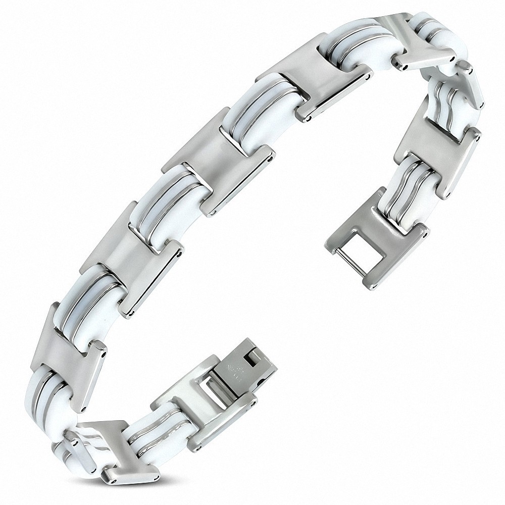 Bracelet homme acier liens caoutchouc blanc