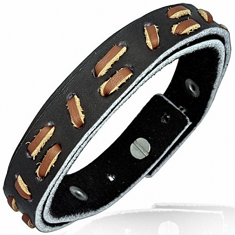 Bracelet homme cuir noir incrustes marron Bracelet homme cuir noir incrustes marron