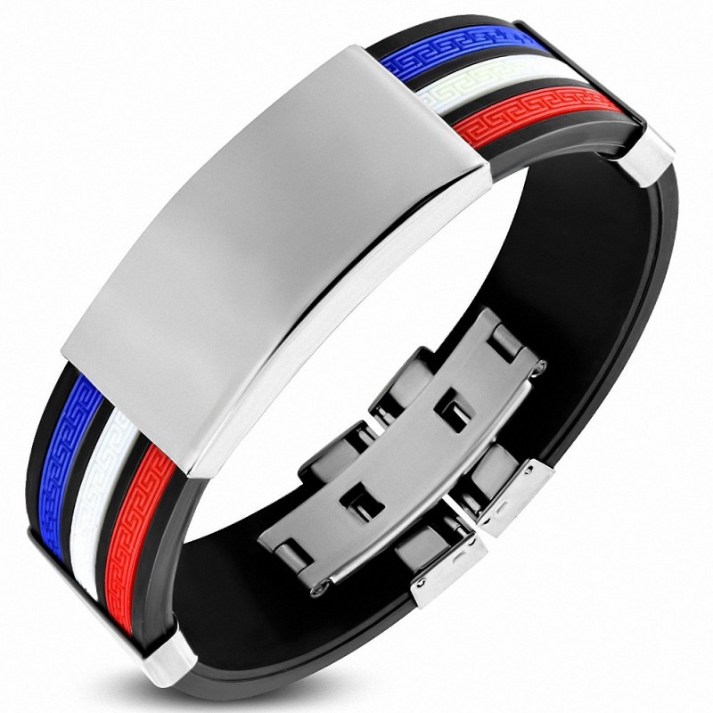 Bracelet homme caoutchouc noir 3 bandes clé grecque Bracelet homme caoutchouc noir 3 bandes clé grecque