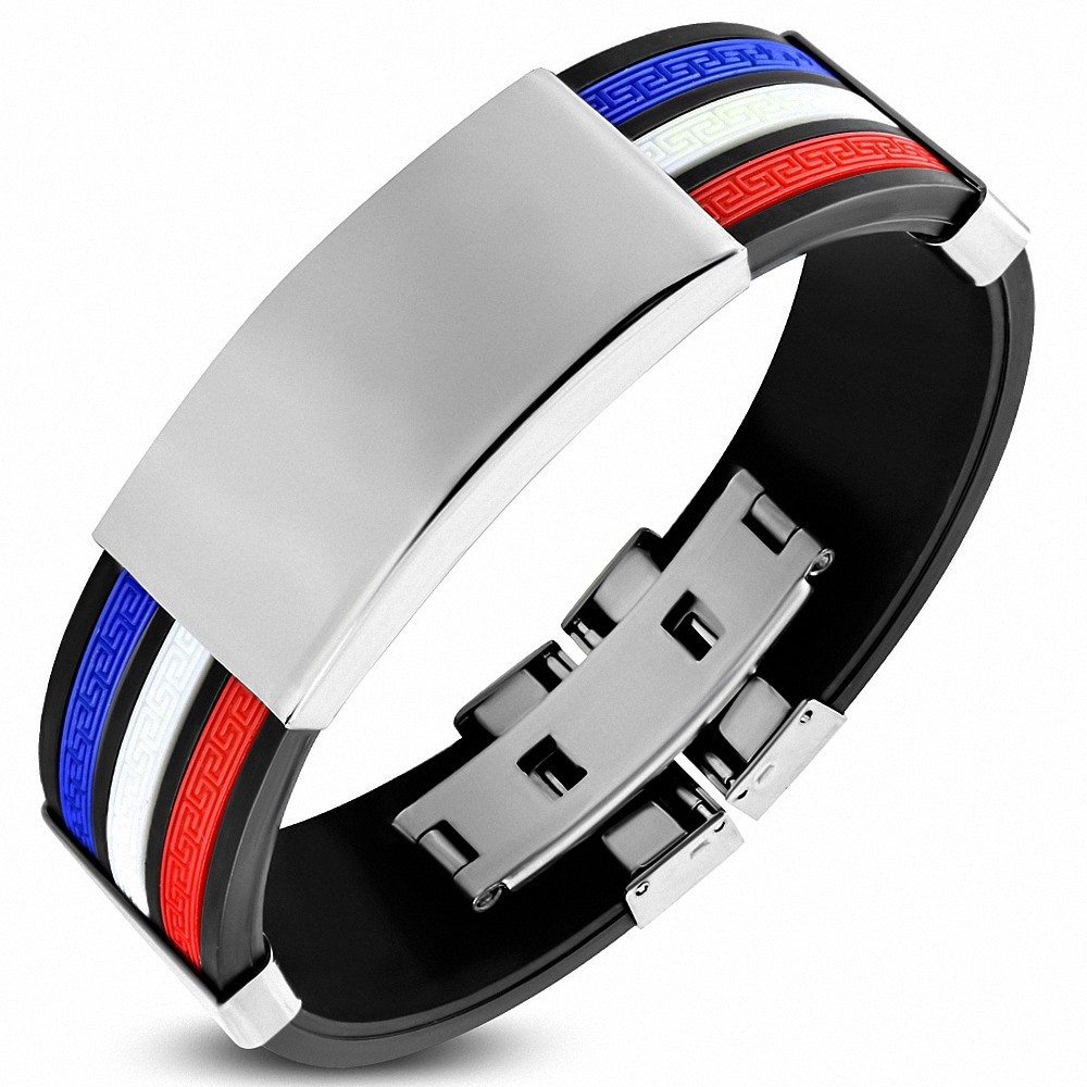 Bracelet homme caoutchouc noir 3 bandes clé grecque