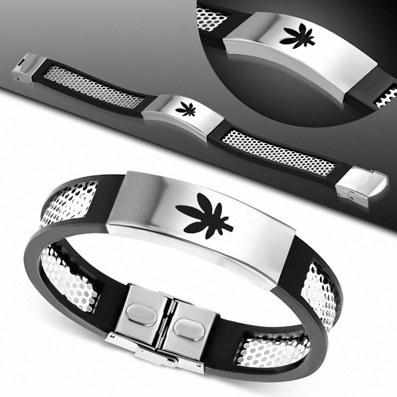 Bracelet homme acier et caoutchouc cannabis Bracelet homme acier et caoutchouc cannabis